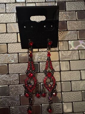 Red Crystal Chandelier Drop Earrings - Unbranded